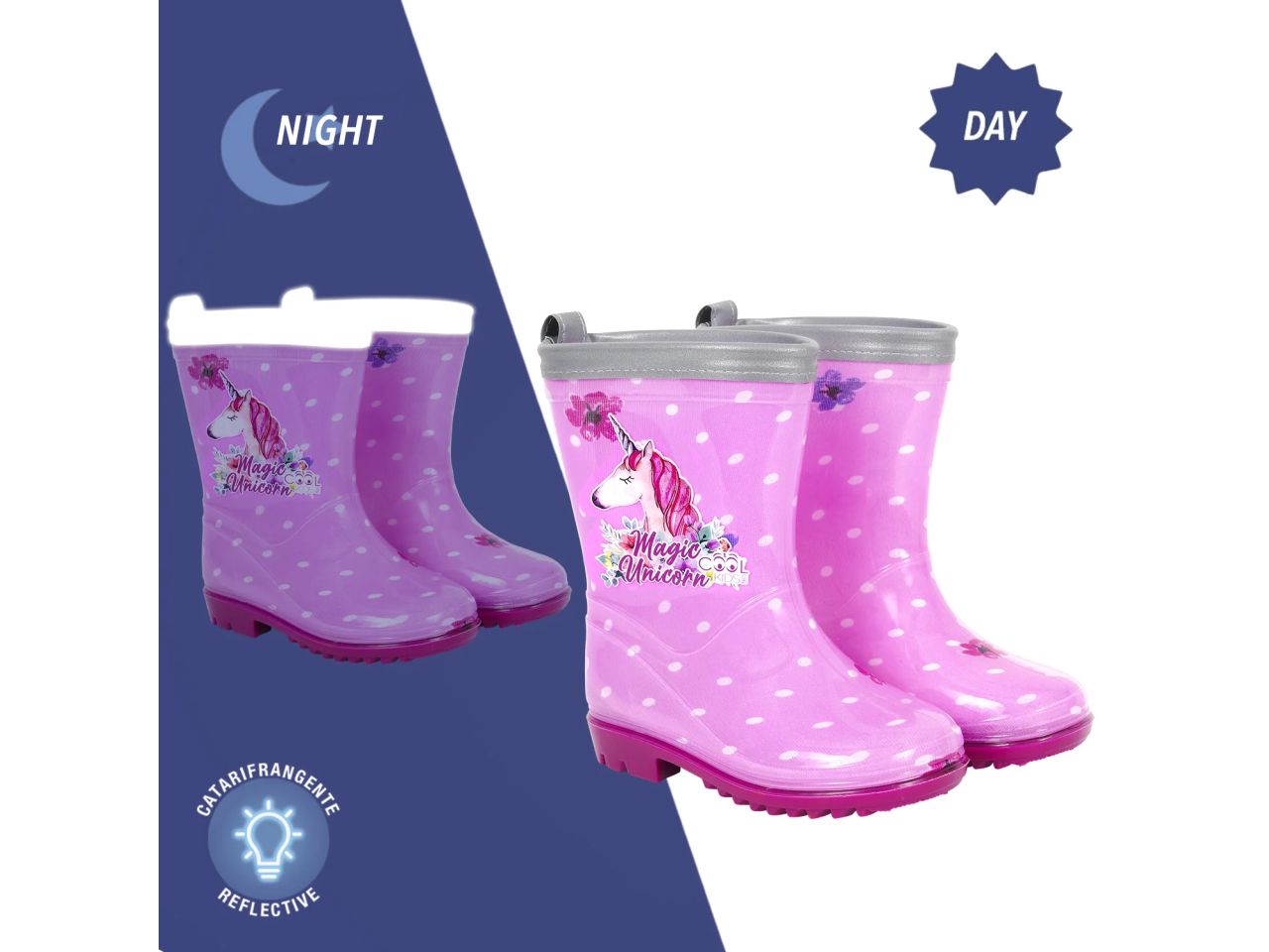 Stivaletti fantasia unicorno bordo catarifrangente cool kids perletti