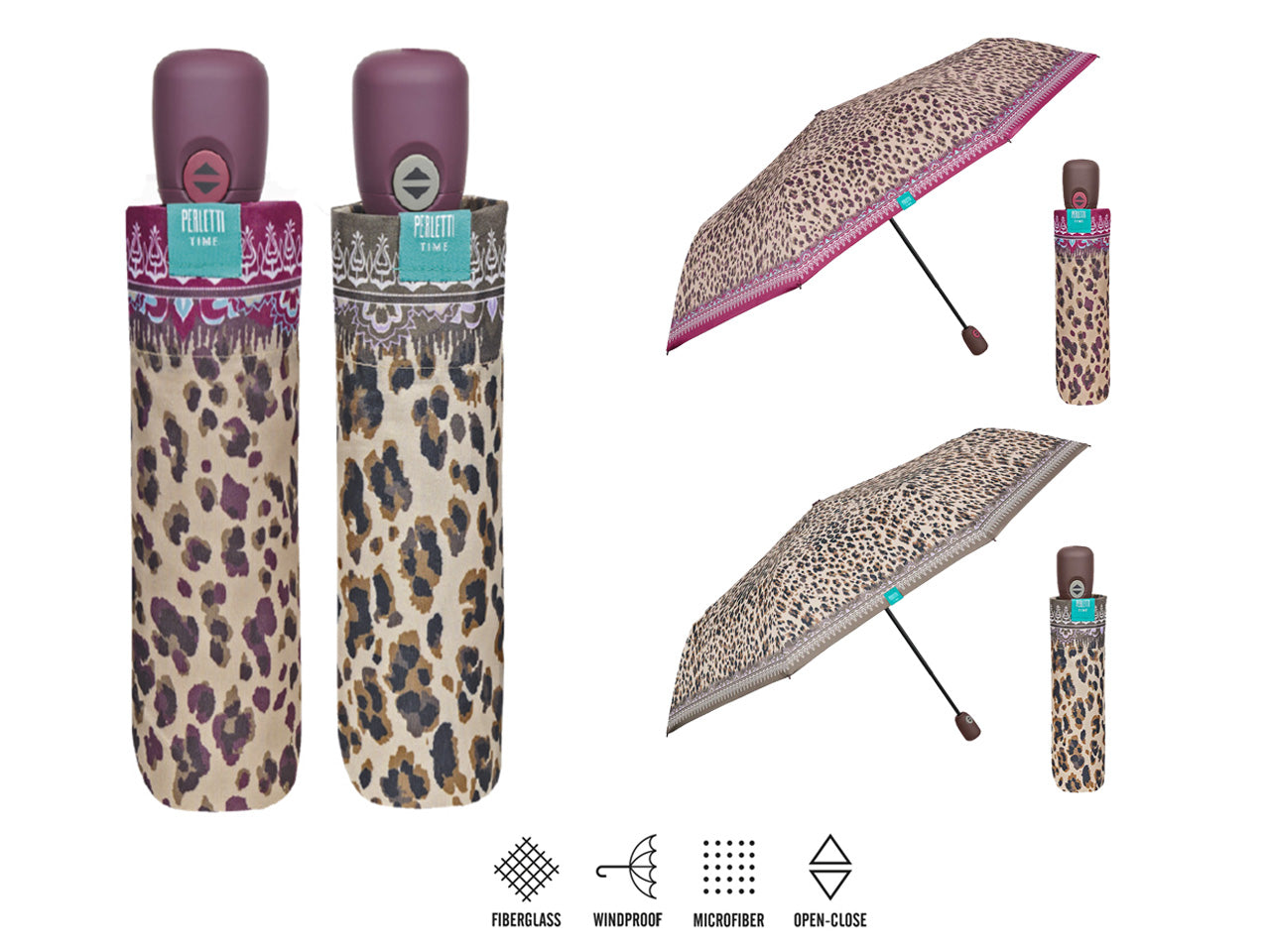 Ombrello da donna mini con apertura automatica leopardato perletti