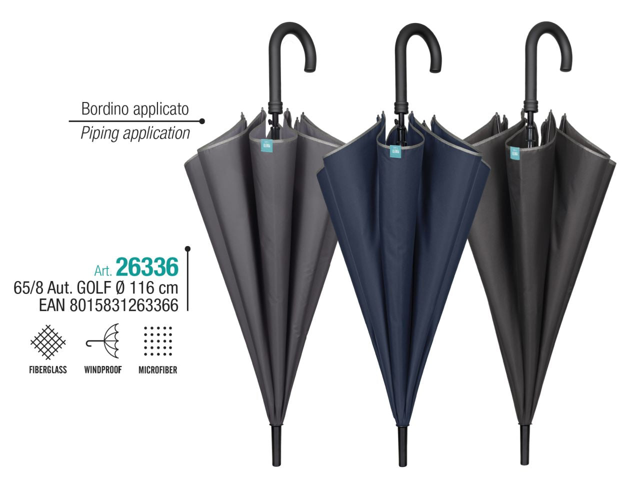 Ombrello da uomo golf con apertura automatica 65/8 colore tinta unita con bordino perletti