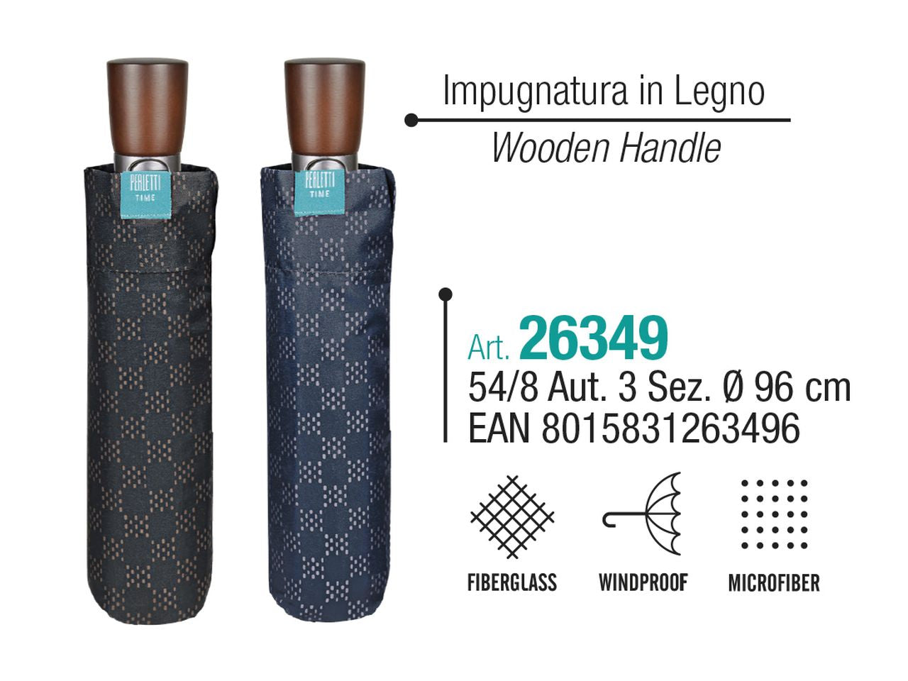 Ombrello da uomo mini con apertura automatica dama impugnatura in legno dritta perletti