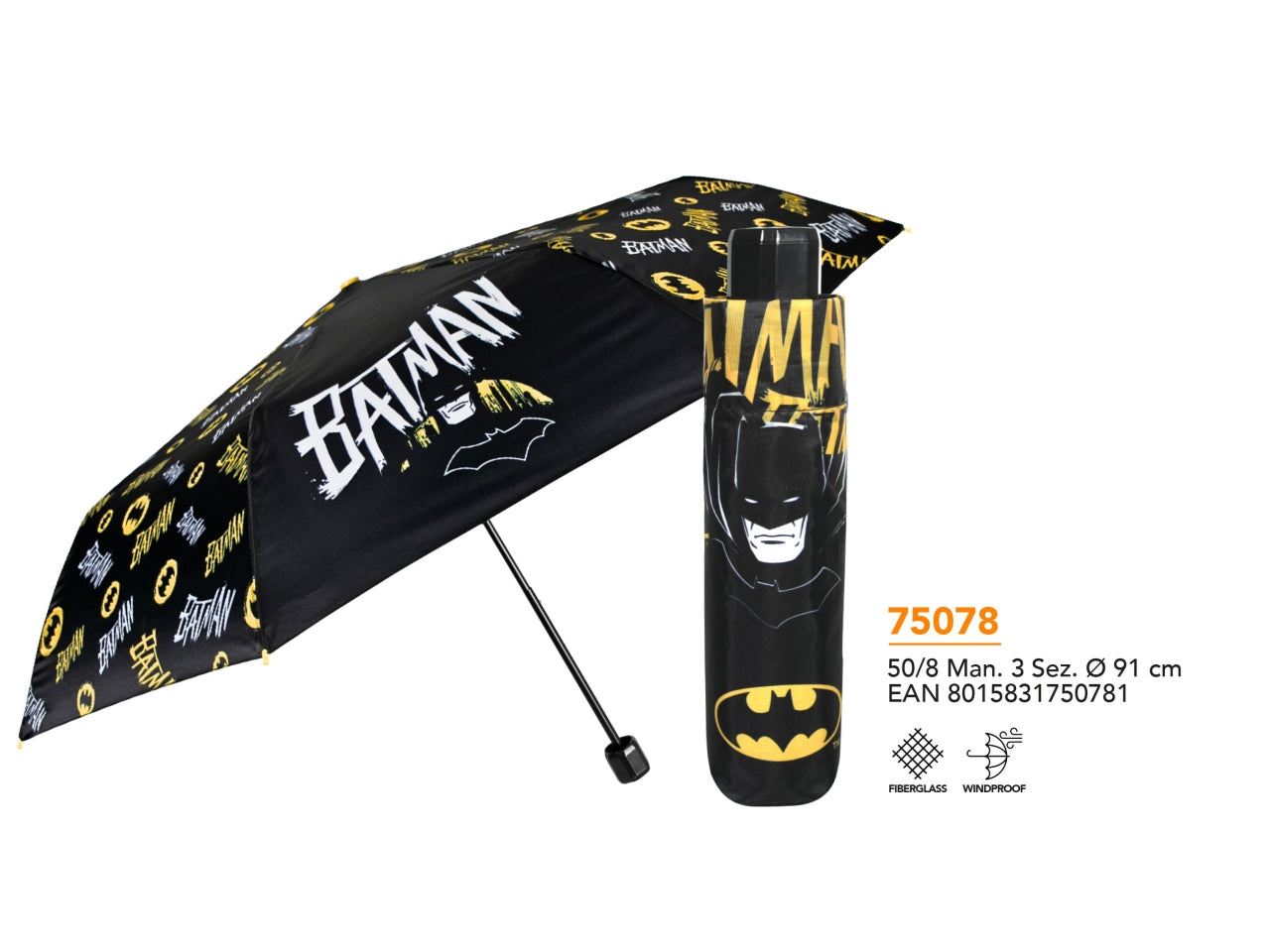 Ombrello tascabile Batman da bambino nero e giallo, apertura manuale  - Perletti