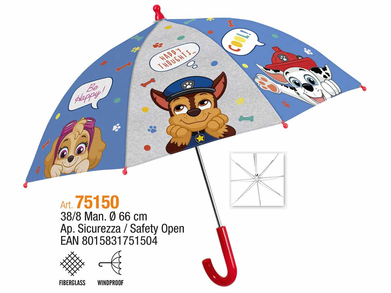 Paw patrol ombrello 38cm c/sicurezza 75150