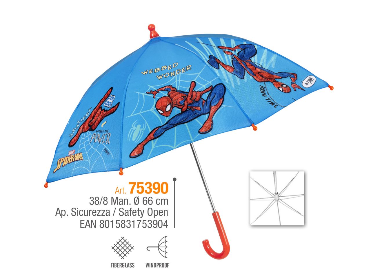 Ombrello con apertura manuale 38 cm con apertura sicurezza fantasia spiderman