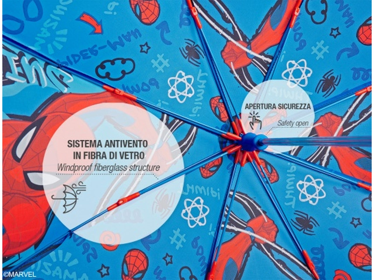 Ombrello Spiderman da bambino con apertura automatica rosso e blu - Perletti