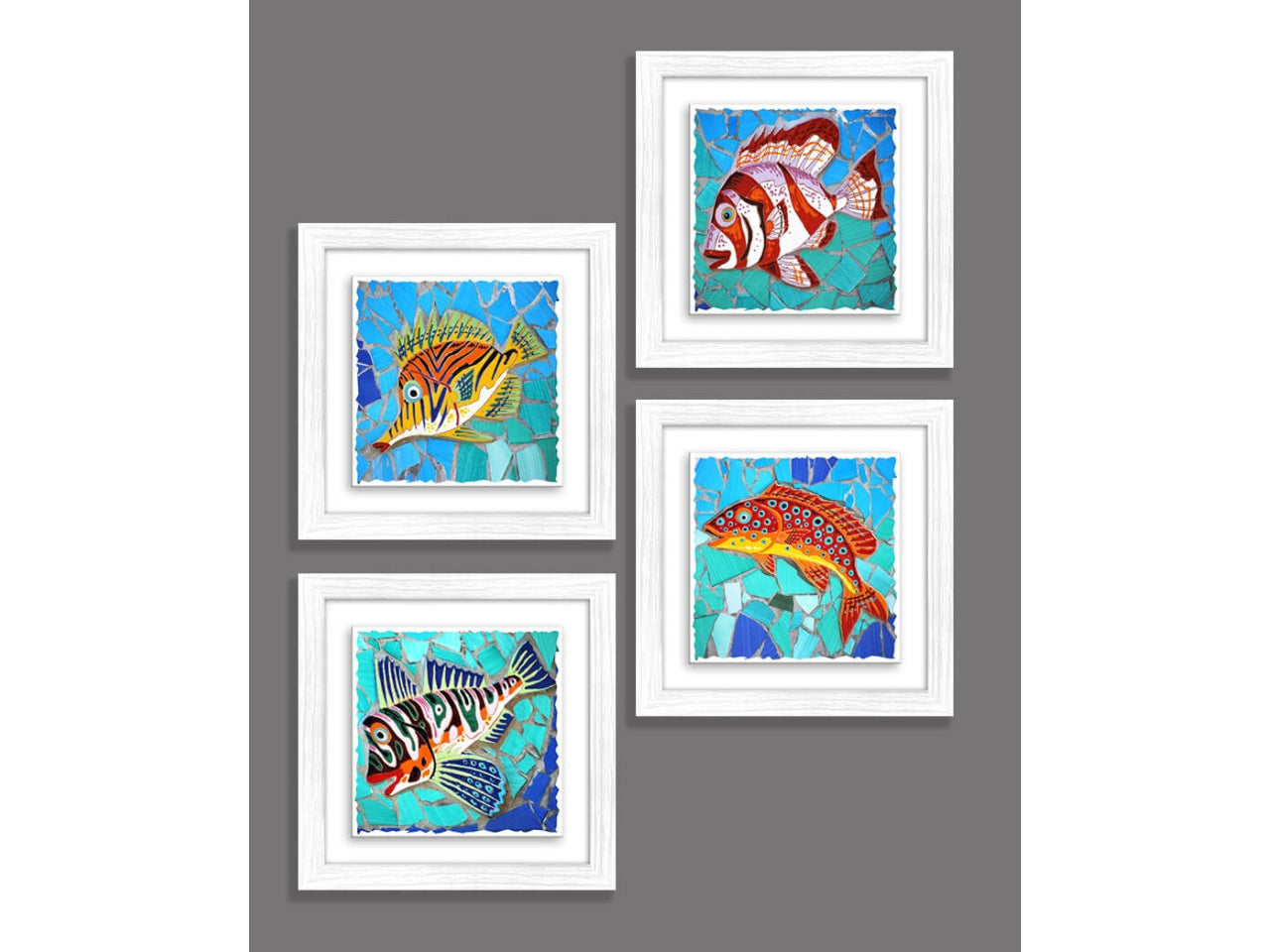 Quadro ceramic modern white fishes misura 18x18cm