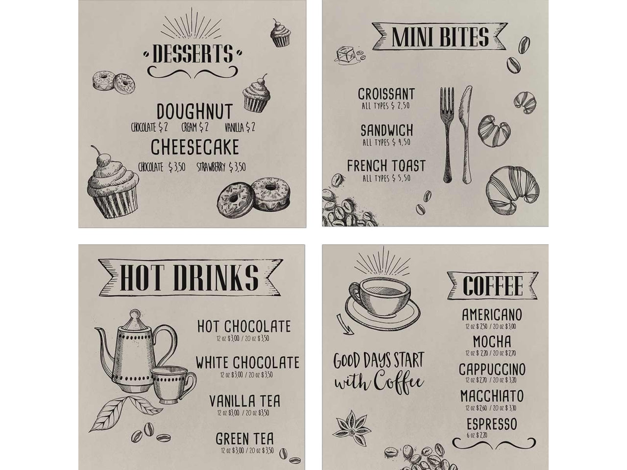 Canvas misura 16x16cm kitchen blackboard grafiche assortite