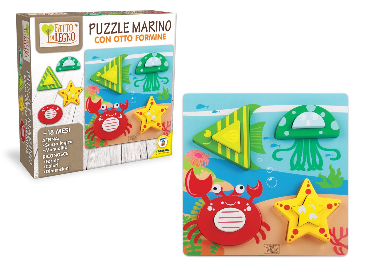 Fatto di legno - puzzle animali marini con 8 formine