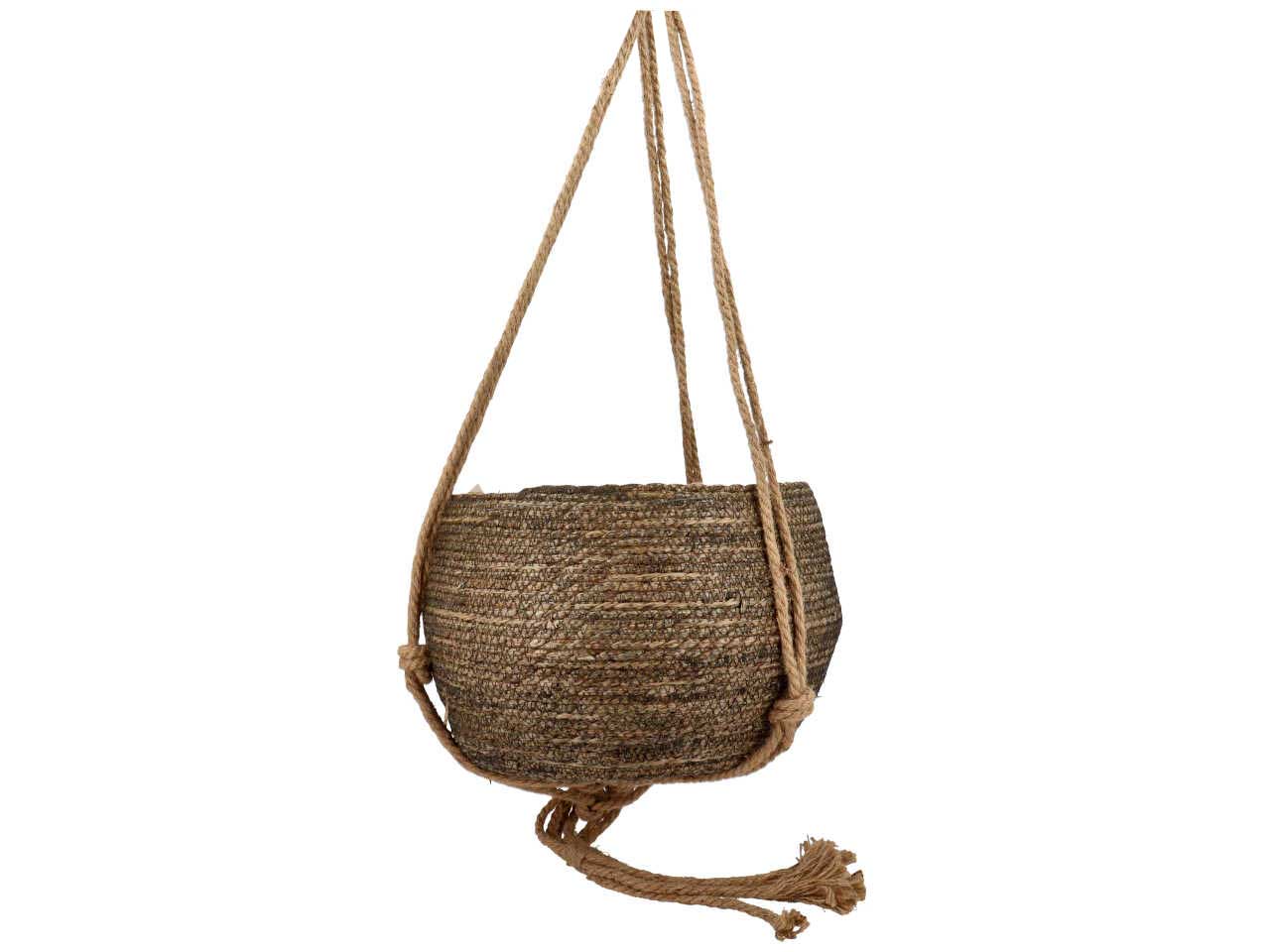 Set da 2 Portavasi per piante a sospensione in paglia intrecciata, stile etnico, interno rivestito in plastica - grande 35x25cm piccolo 26x19cm - Koopman