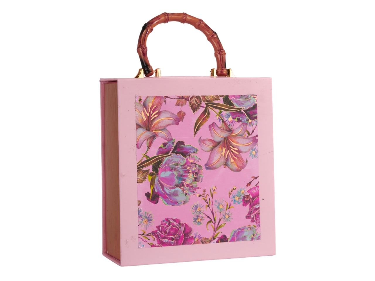 Scatola regalo borsa in cartone rosa con manico in similbamboo 21x18x8 cm - Arpimex