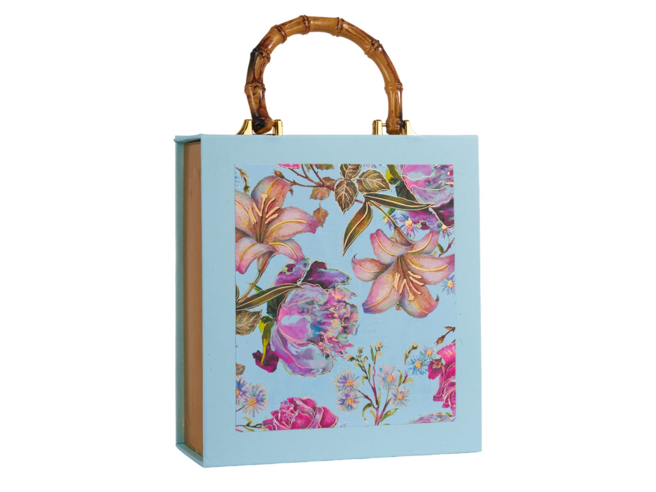 Scatola regalo borsa in cartone celeste con manico in similbamboo 21x18x8 cm - Arpimex