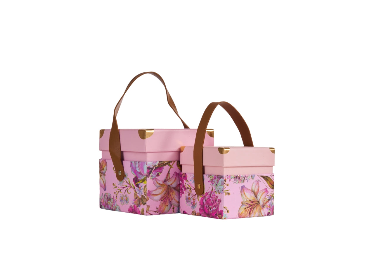 Scatole regalo rosa in cartone con fantasia floreale e manico in similpelle 2 pezzi 13x13x12,5 cm - Arpimex