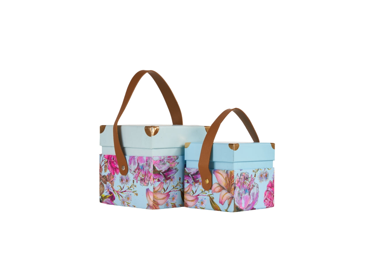 Scatole regalo celeste in cartone con fantasia floreale e manico in similpelle 2 pezzi 13x13x12,5 cm - Arpimex