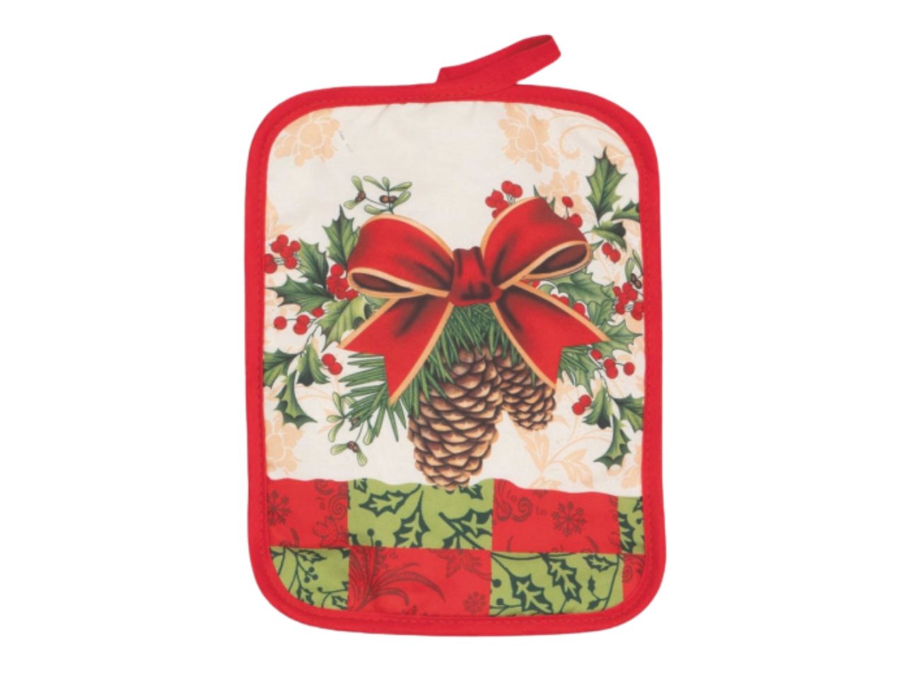 Presina rettangolare cm.17,5x22 crema decorazione pigne con fiocco rosso