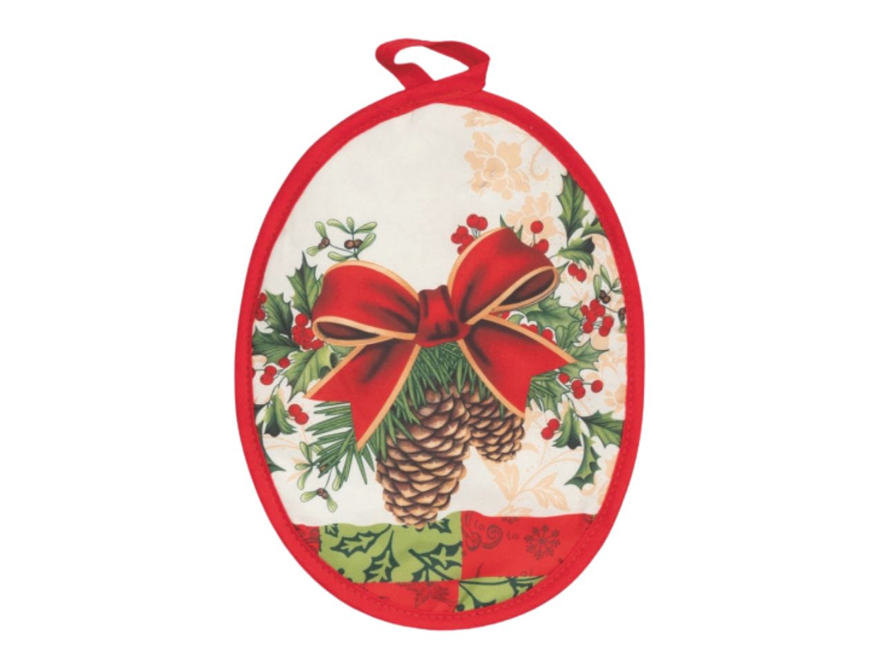 Presina ovale cm.18x23 crema decorazione pigne con fiocco rosso