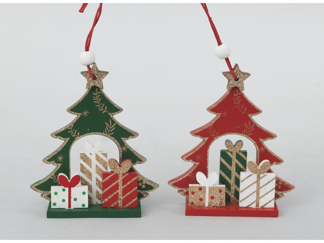 Pendente in legno 10cm albero su base con pacchi regalo assortiti