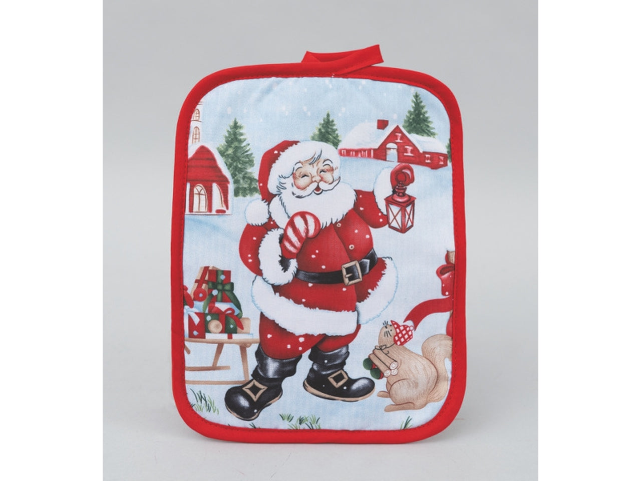 Presina rettangolare 17,5x22cm in poliestere azzurra decoro babbo natale con scoiattolo