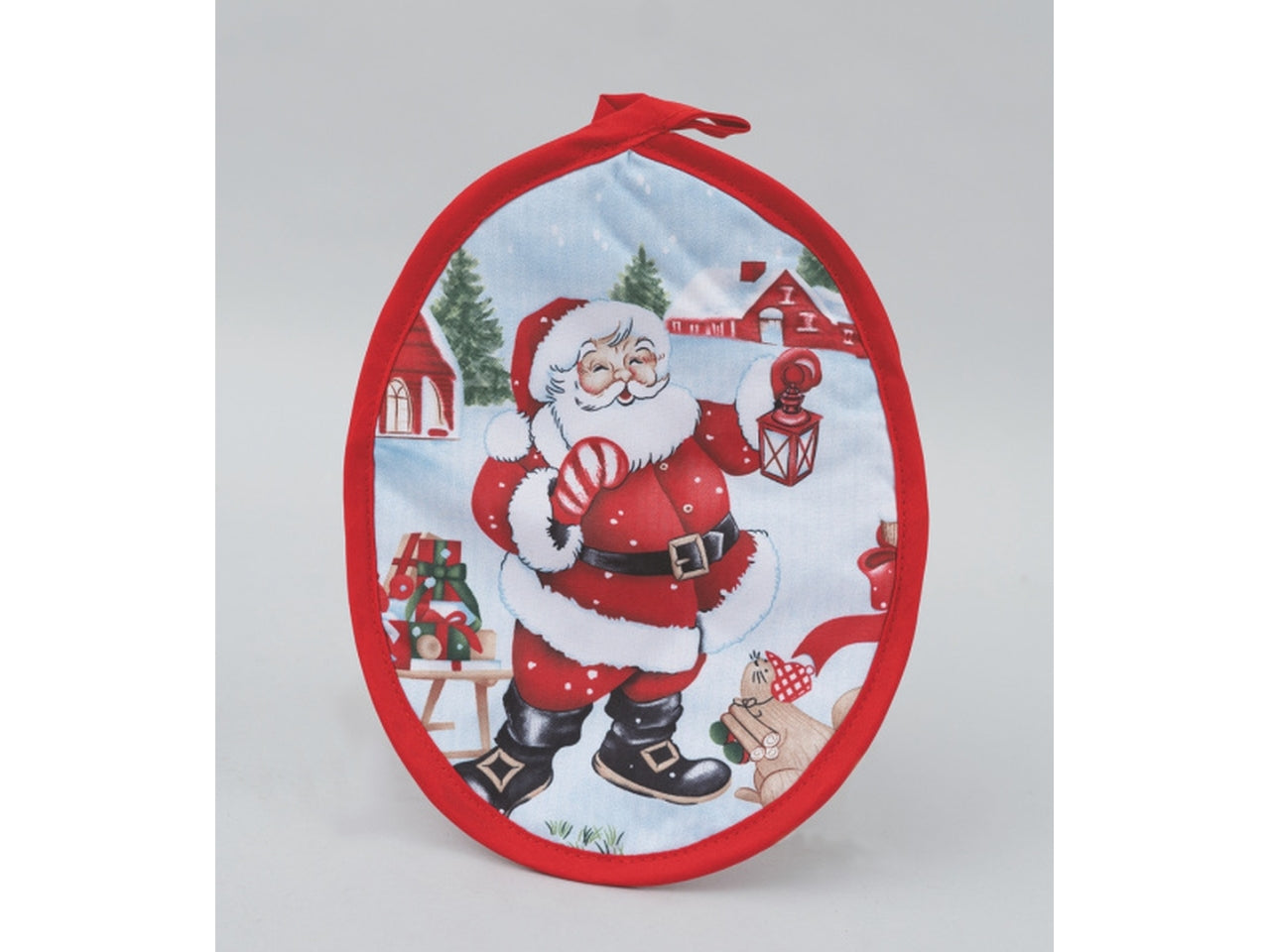 Presina ovale 18x23cm in poliestere azzurra decoro babbo natale con scoiattolo