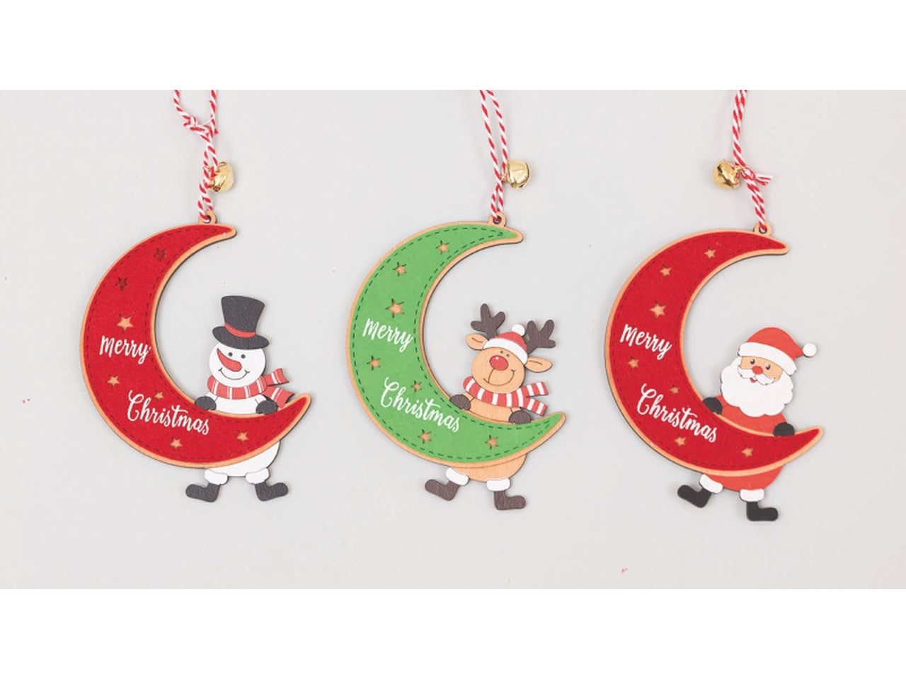 Pendente luna in legno/feltro 10cm con renna, omino, babbo natale colori rosso/verde modelli assortiti