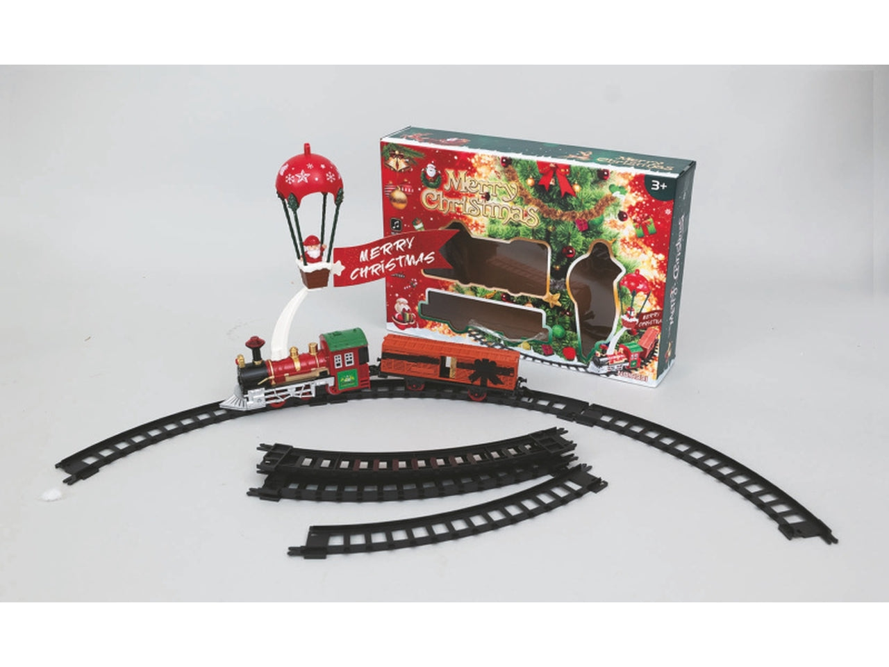 Trenino luminoso con musica babbo natale e mongolfiera a batteria 2xaa
