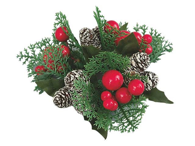Girocandela plastica cm.13 dec.pigne p.bianche,bacche rosse in sc