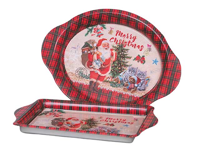 Vassoio 22cm in latta rettangolare/ovale scozzese rosso/verde con decoro babbo natale assortito