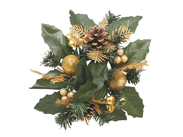 Girocandela pvc diam.cm.20 foglie,pigne,bacche glitter gold