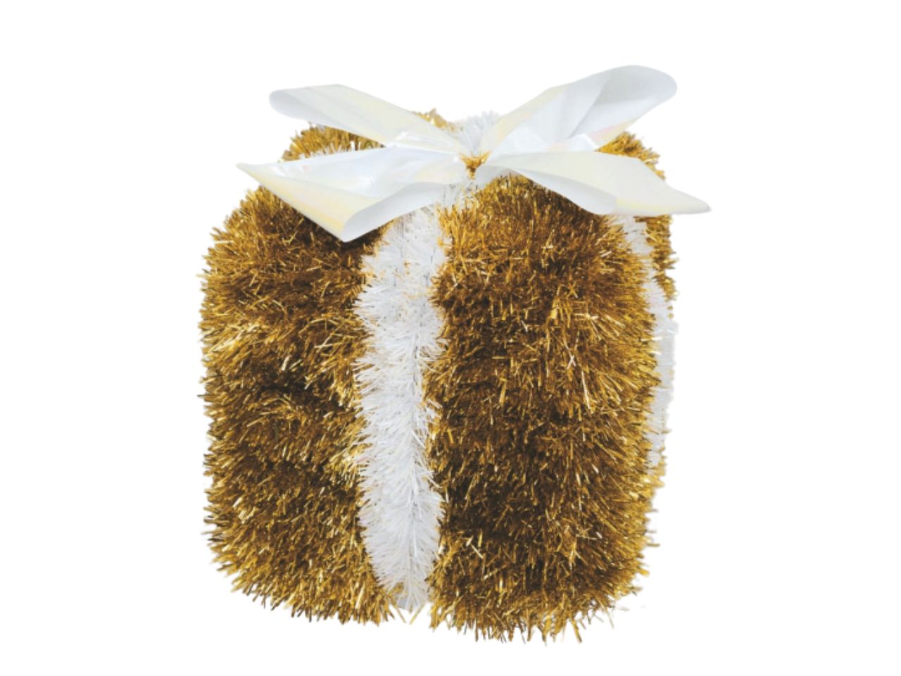 Pacco regalo cm.20 decorato con filo oro in metallo fiocco bianco iridescente