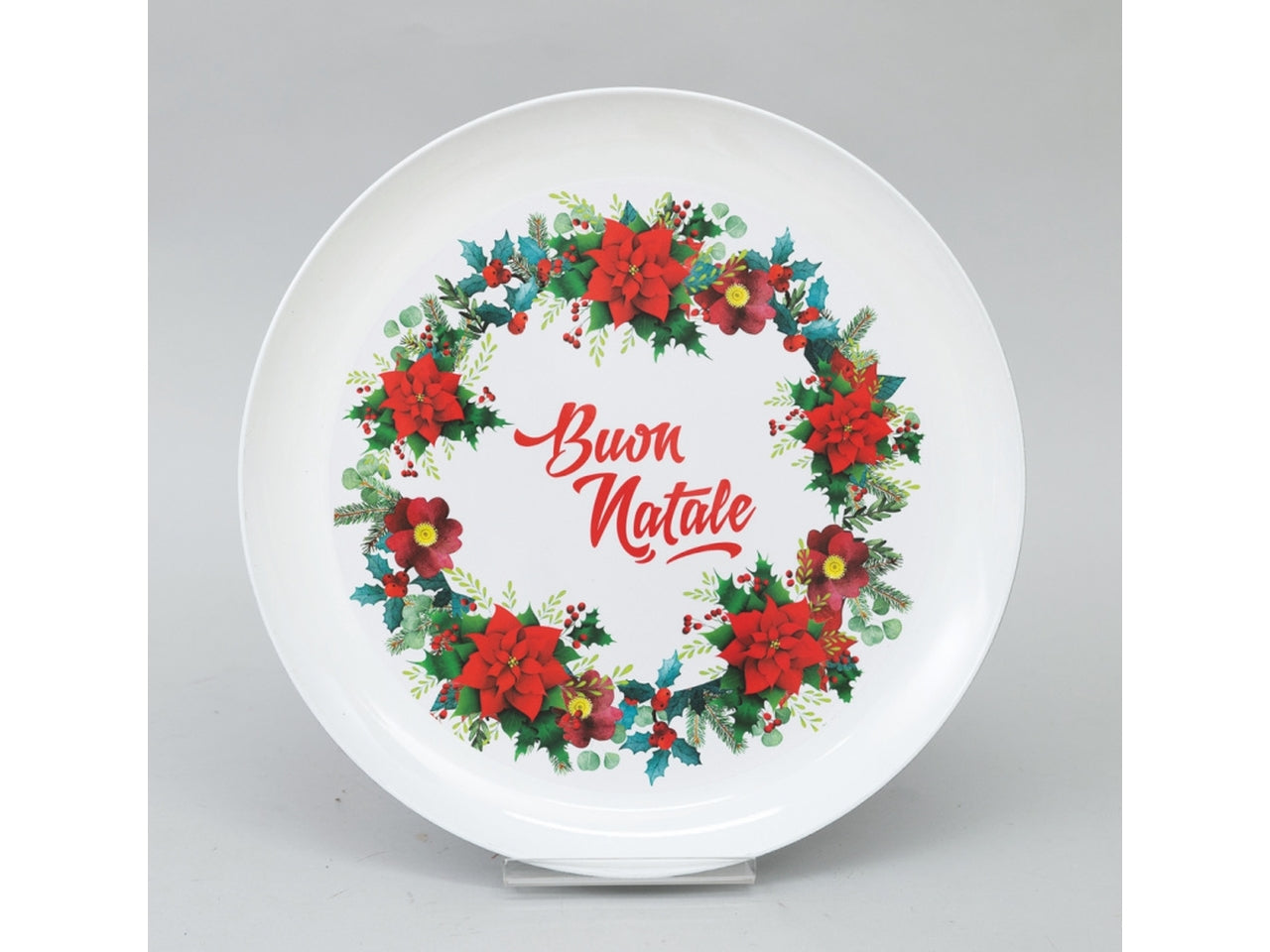 Piatto 33cm in plastica tondo bianco decoro fiori e stelle di natale