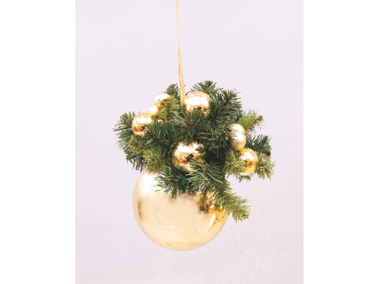Pendente palla 15cm metallizzata oro decorata con rami e sfere