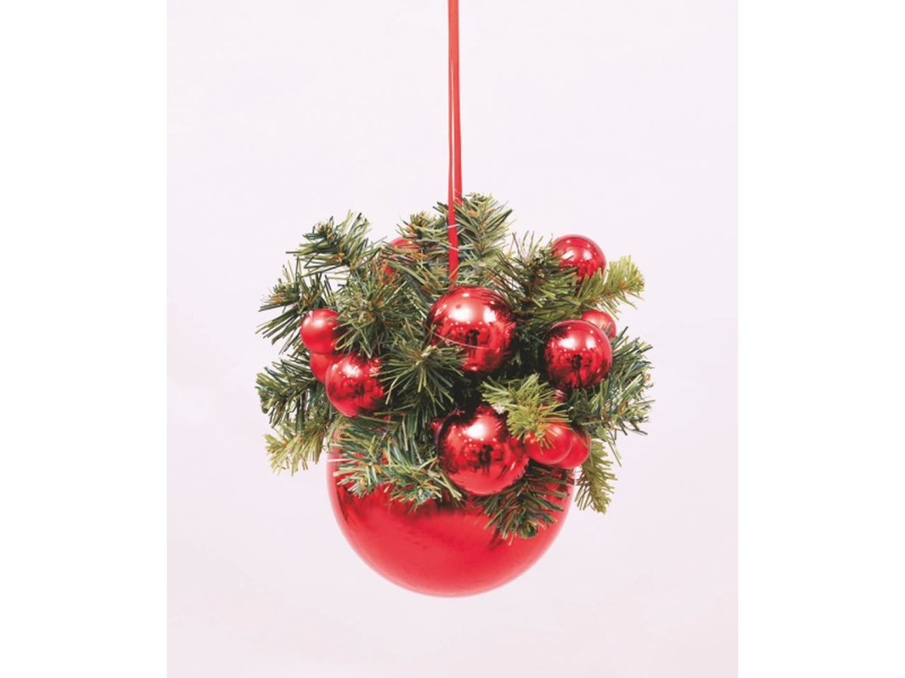 Pendente palla 15cm metallizzata rossa decorata con rami e sfere