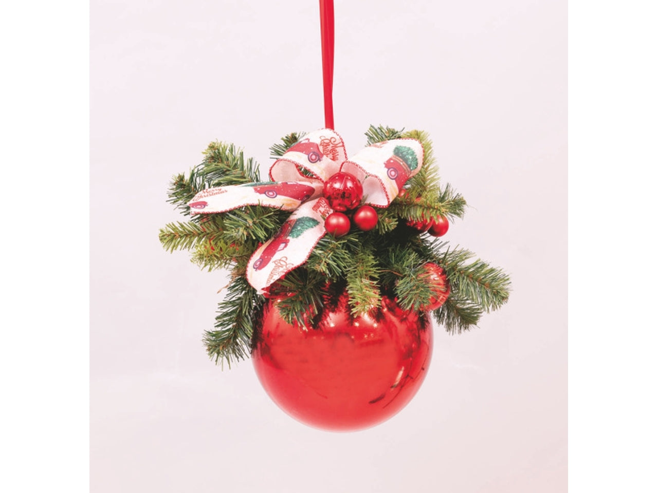 Pendente palla 20cm metallizzata rossa decorata con rami e sfere