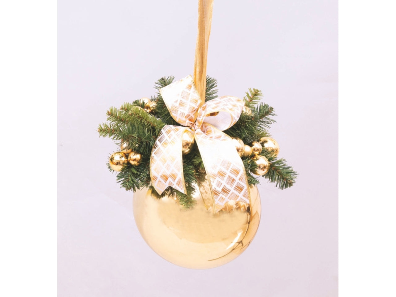 Pendente palla 25cm metallizzata oro decorata con rami e sfere