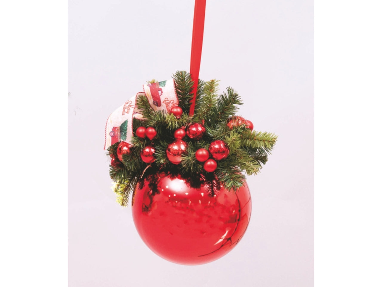 Pendente palla 25cm metallizzata rossa decorata con rami e sfere
