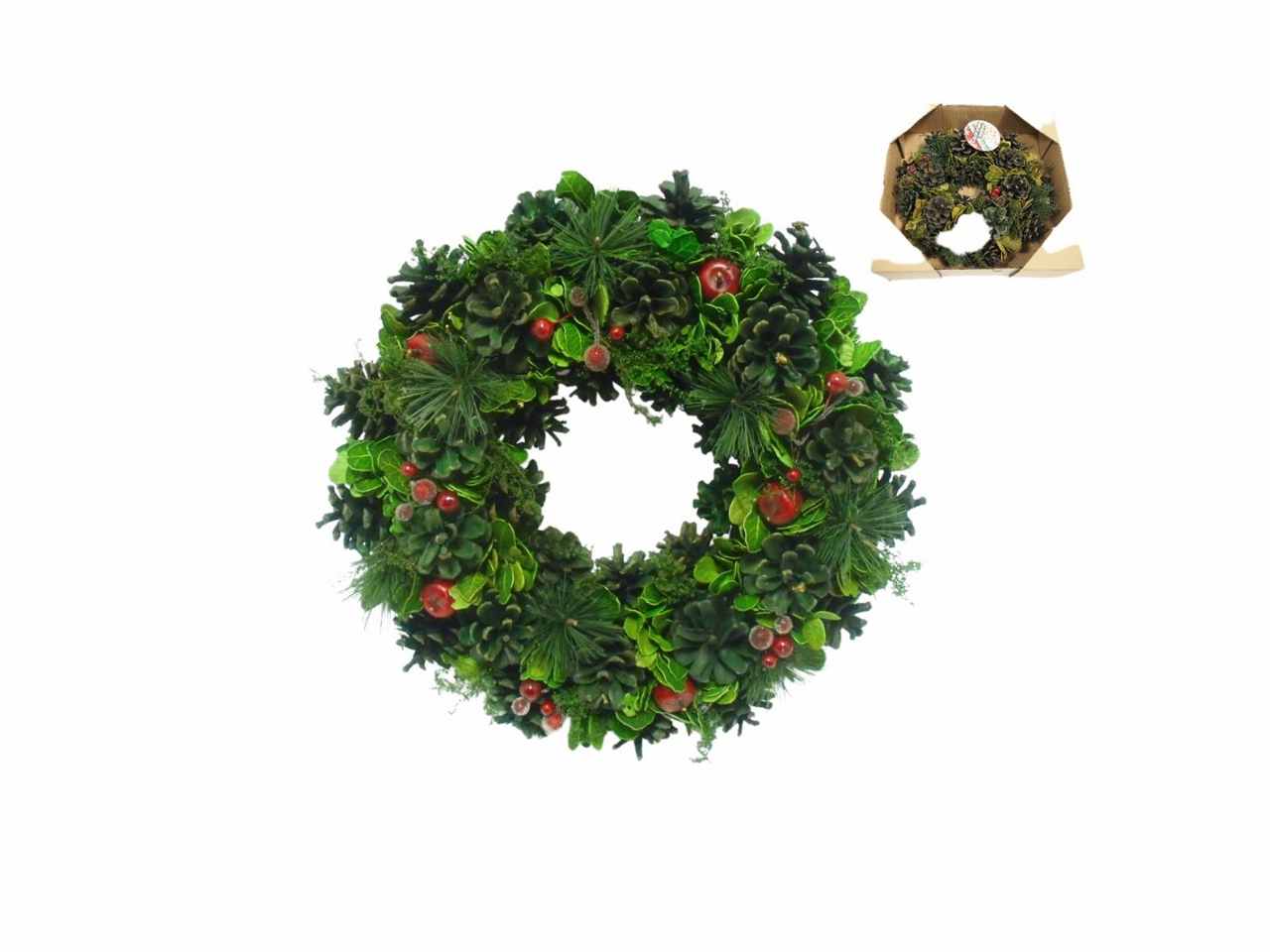 Corona foglie verdi c/pigne,mele e bacche rosse iii mis. diam. 35cm
