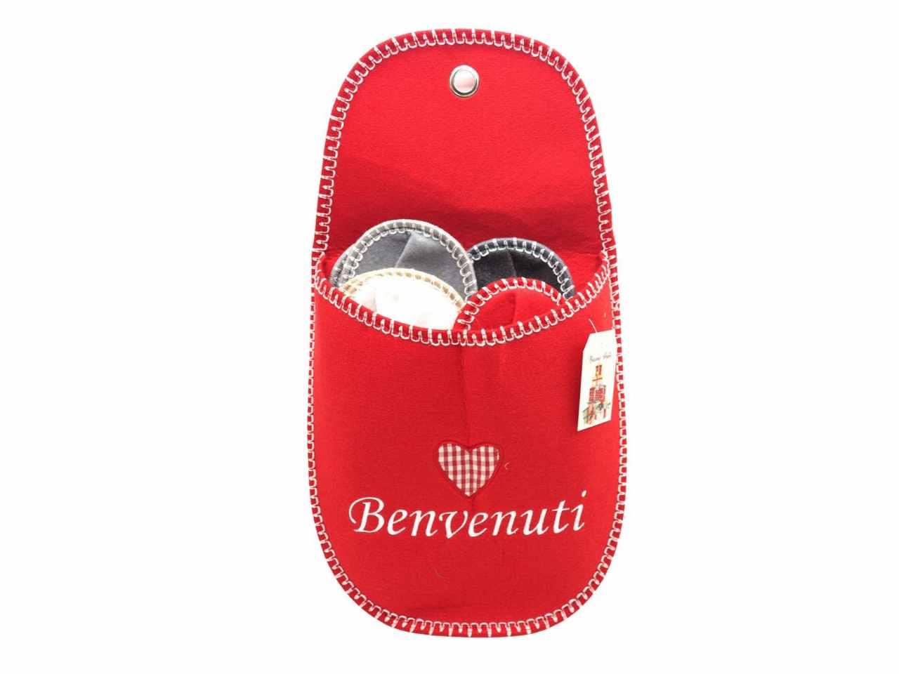 Ciabattone rosso 54x31cm dis. cuore tessuto c/4paia di ciabatte