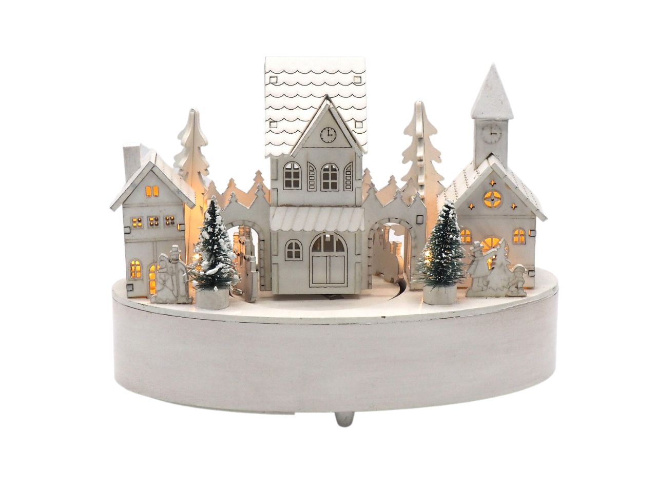 Paesaggio in legno bianco con alberi e carillon con luce misura h.16,5x21,5x11cm