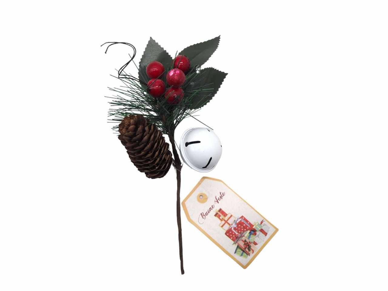 Pick bacche rosse c/pigne,pino,foglie+sonaglio l.20cm