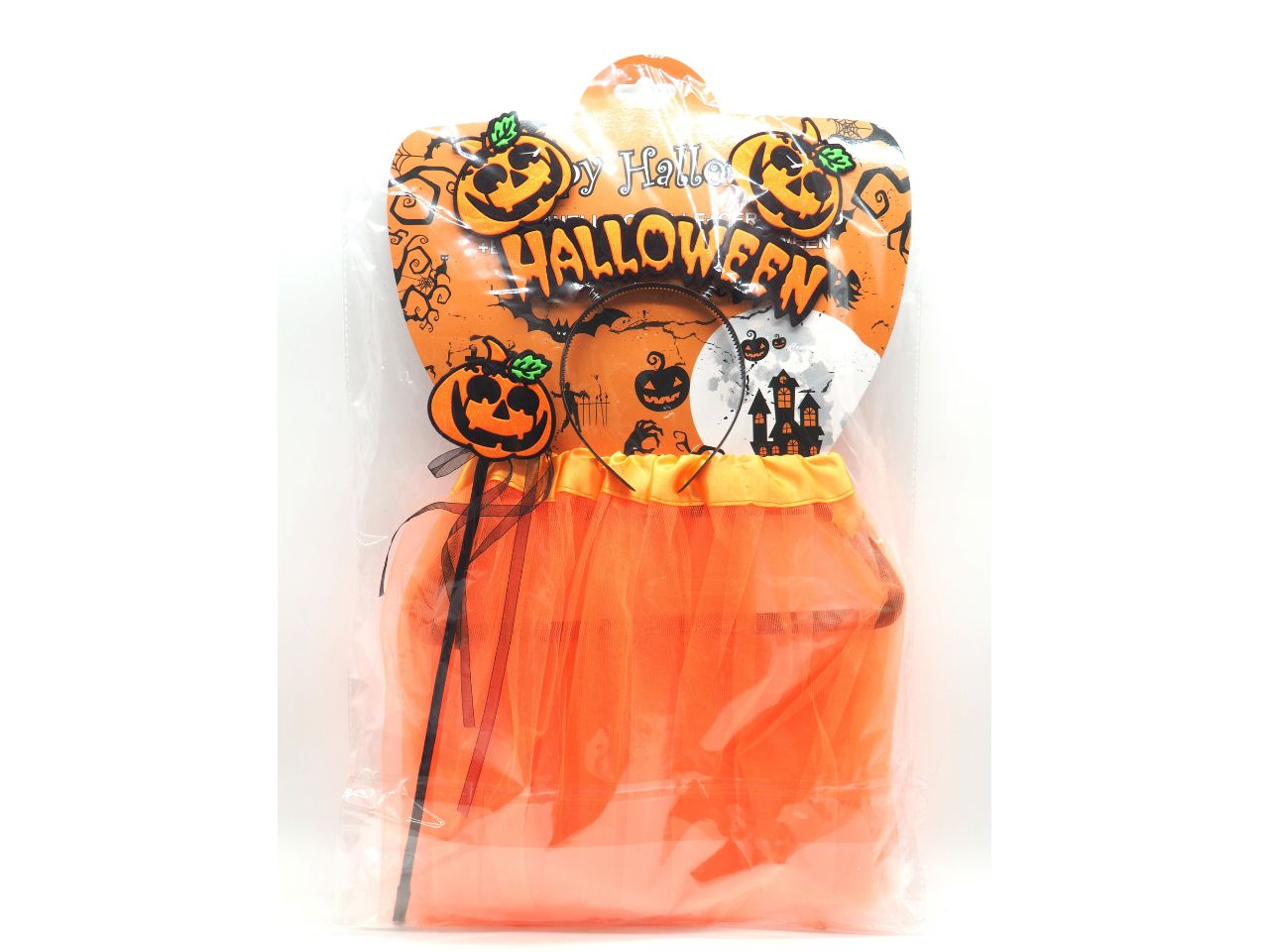 Set gonnellino tulle con frontino e bacchetta con zucca halloween