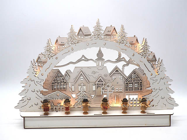 Paesaggio natalizio con arco in legno con 10 luci h.28x45x7cm