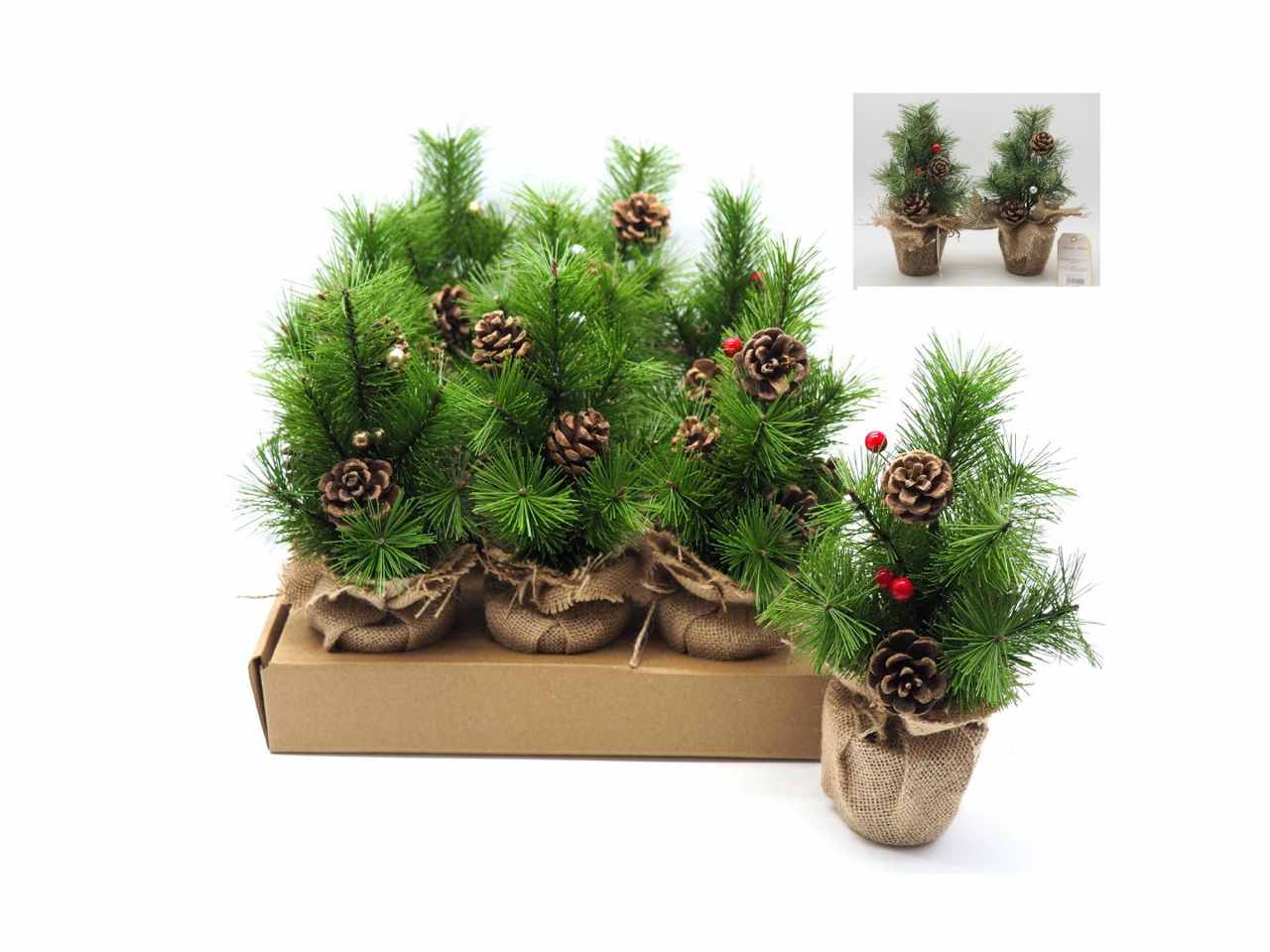 Albero pino c/base juta 27cm c/bacche rosse+pigne