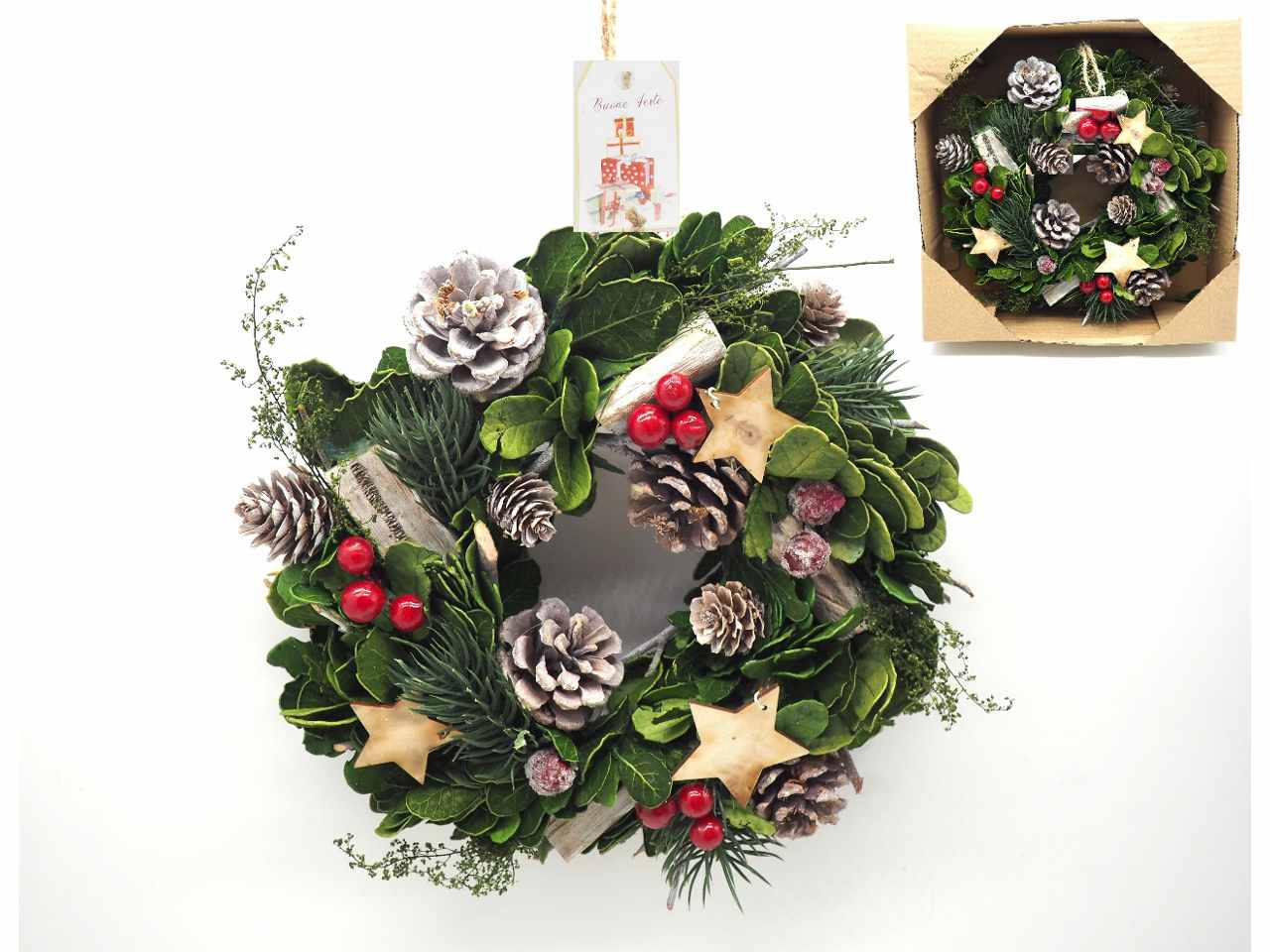 Corona foglioline c/pigne-bacche-stelle legno diam. 25cm i mis.