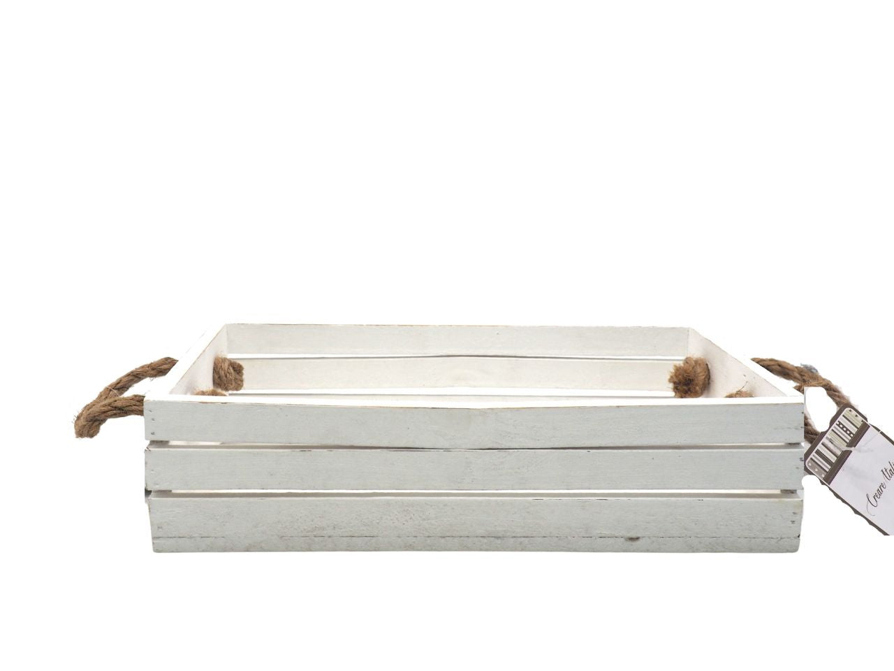 Cassetta legno bianca bassa con manici in juta 24x13/h6cm