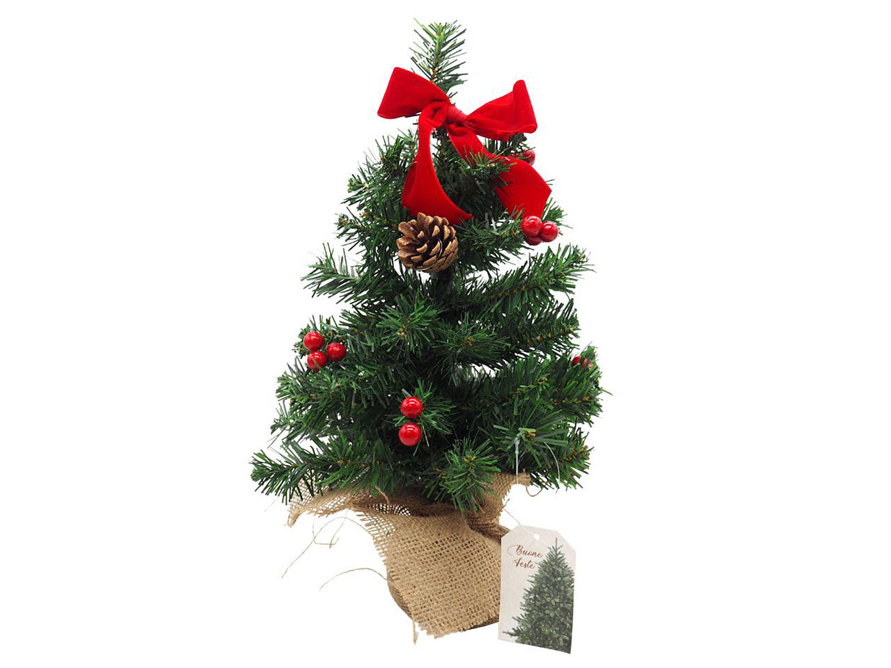 Albero di natale misura h.40cm base in juta con fiocco in juta, bacche rosse e pigne