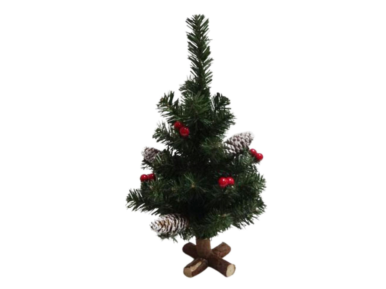 Albero di natale h.40cm base legno con pigne nevate e bacche rosse