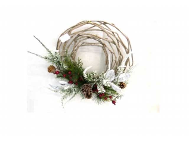 Corona rami con foglie argento d65cm