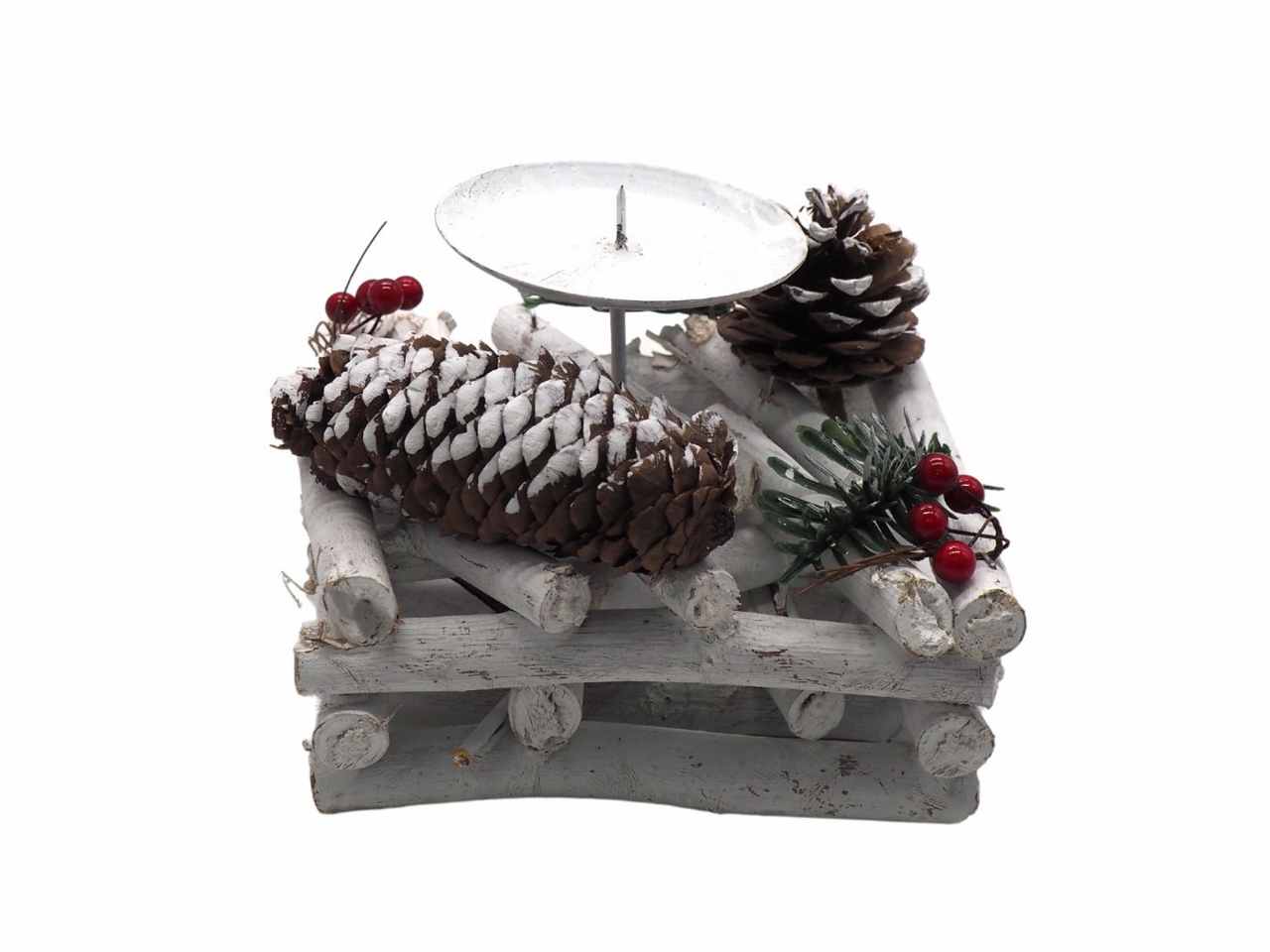 P.candela legni innevati quadr.c/pigne/bacche rosse 12x13x13cmc/punz.