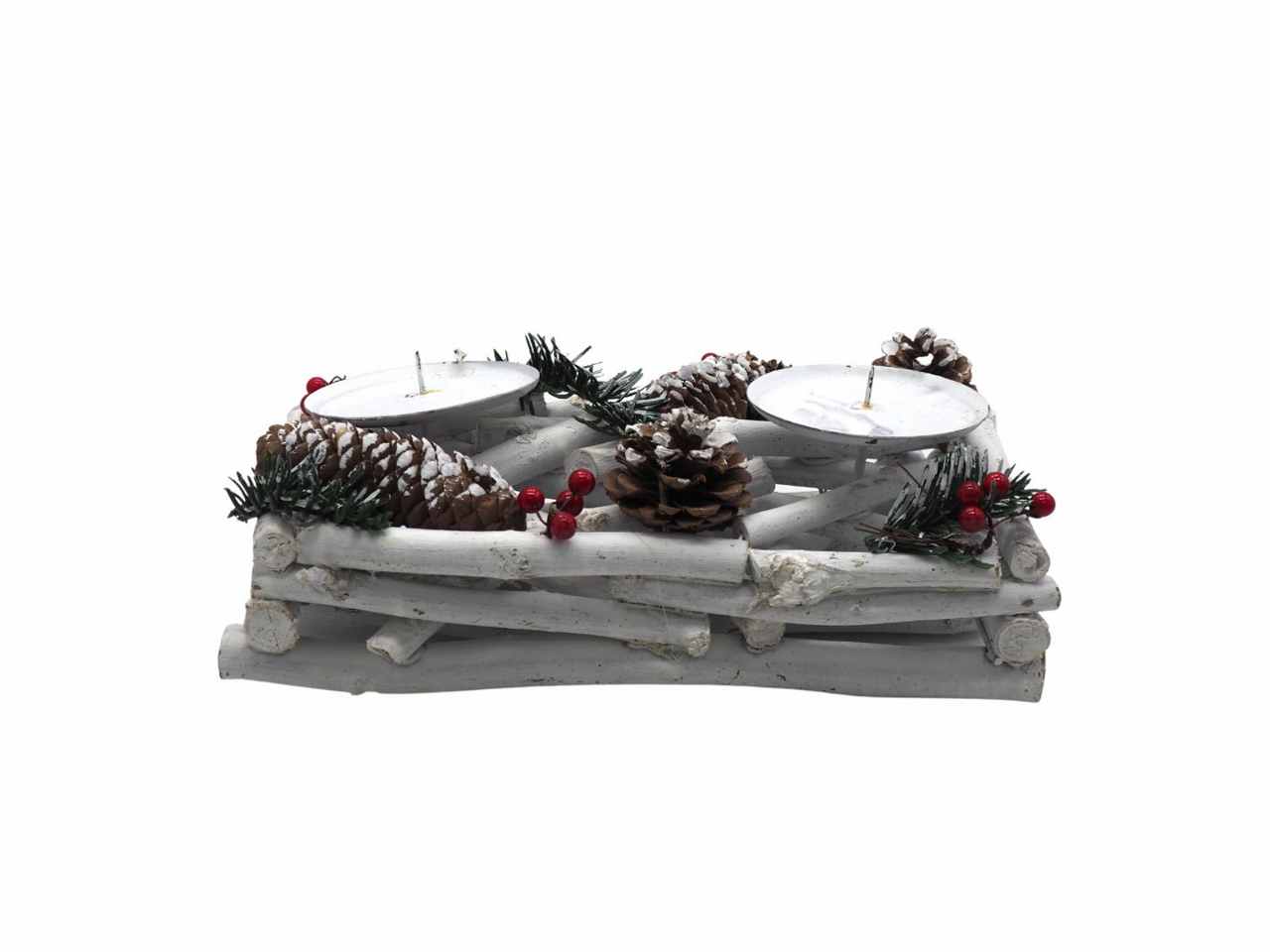 P.candela legni innevati rett. c/pigne/bacche rosse 12x24x14cmc/2punz.