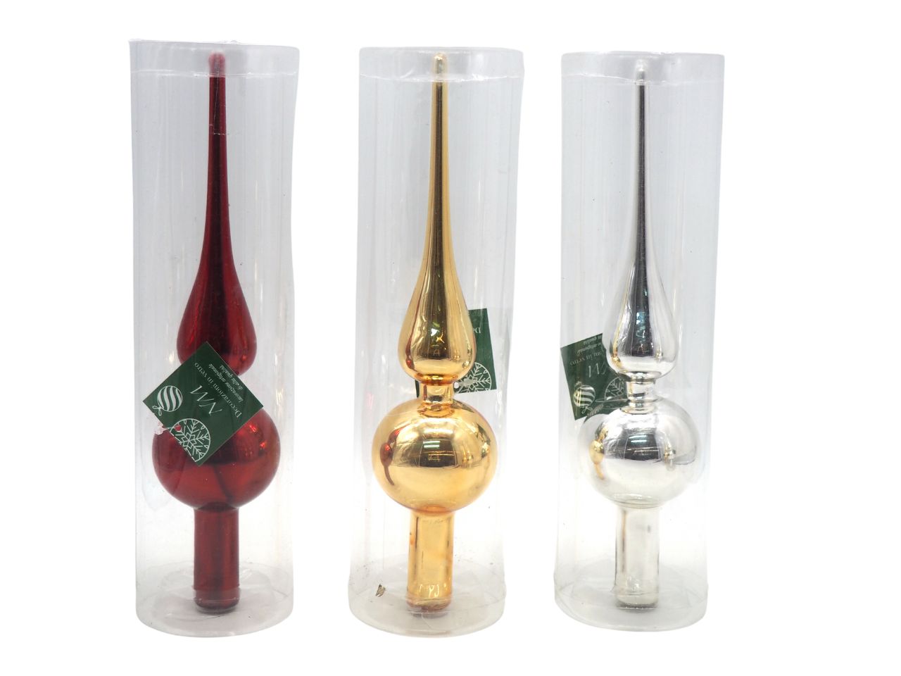 Puntale natalizio in vetro misura h.26xd.6cm colore rosso, oro e argento lucido