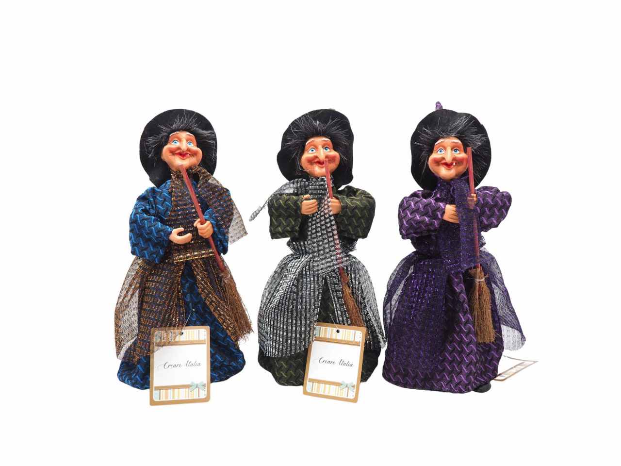 Befana porta dolciumi misura h.25cm con scopa in 3 assortimenti