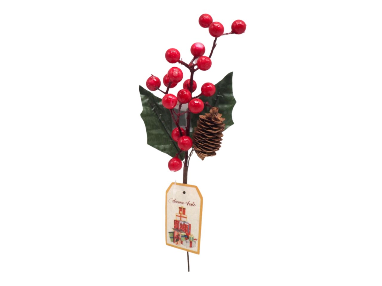 Ramo pungitopo con bacche colore rosso e pigne misura l.21cm